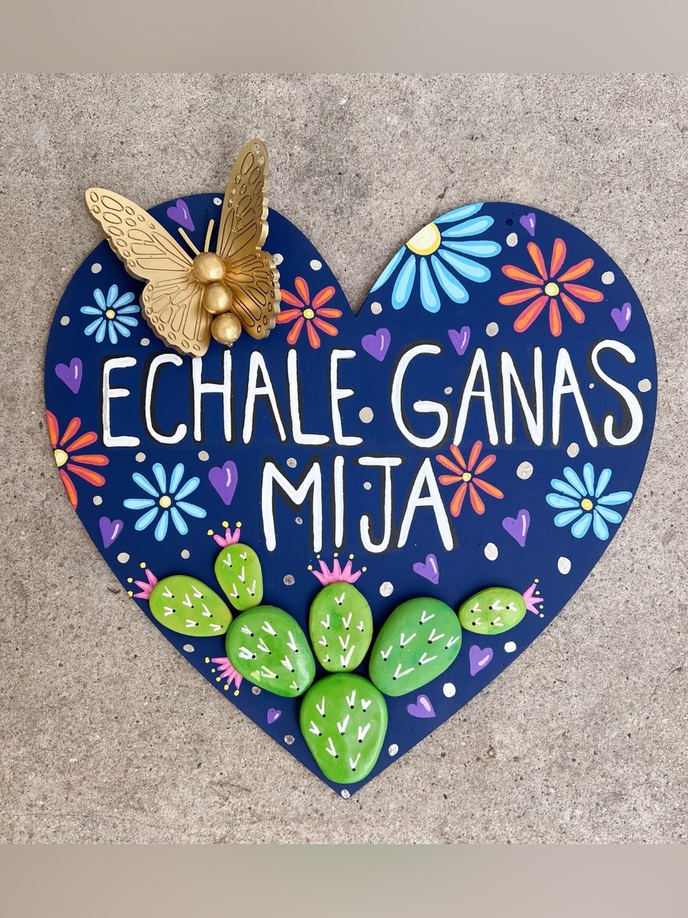 Hand-Painted Navy Heart Wall Art with Green Cactus and Gold Butterfly